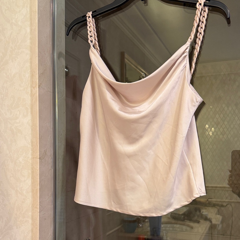 Chic Women's Cream Blouse with plastic chain interesting edgy Straps.